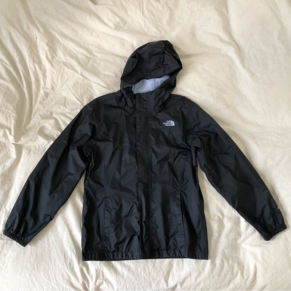 north face black waterproof jacket with lavender lining and lavender embroidery